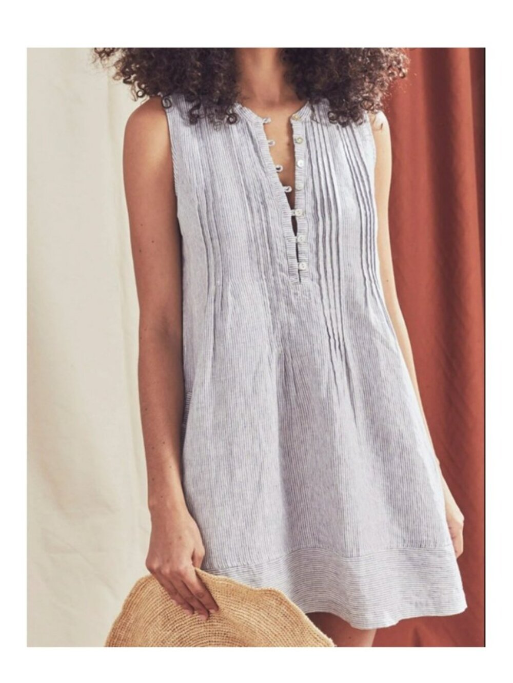 Faherty 100% Linen Isha Blue and White Stripes  Mini Dress | Sleeveless | Size S